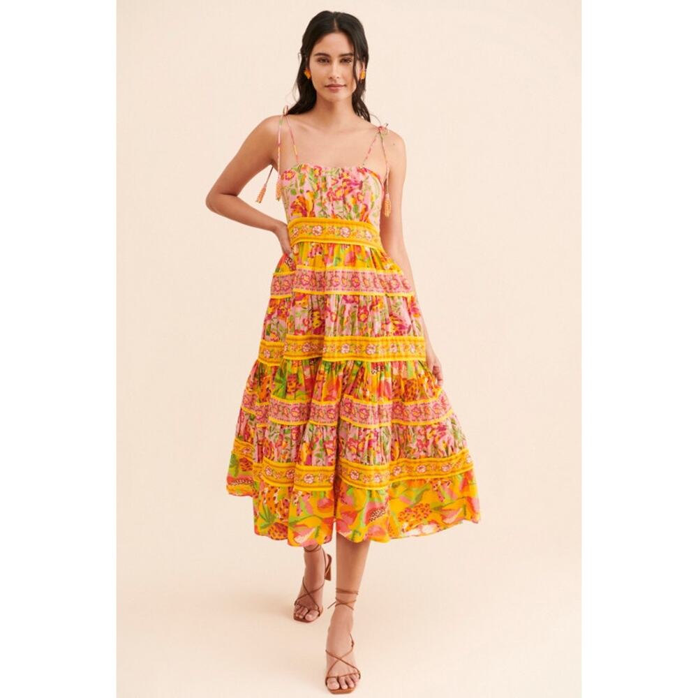 FARM Rio Yellow Pink Floral Tiered Midi Dress